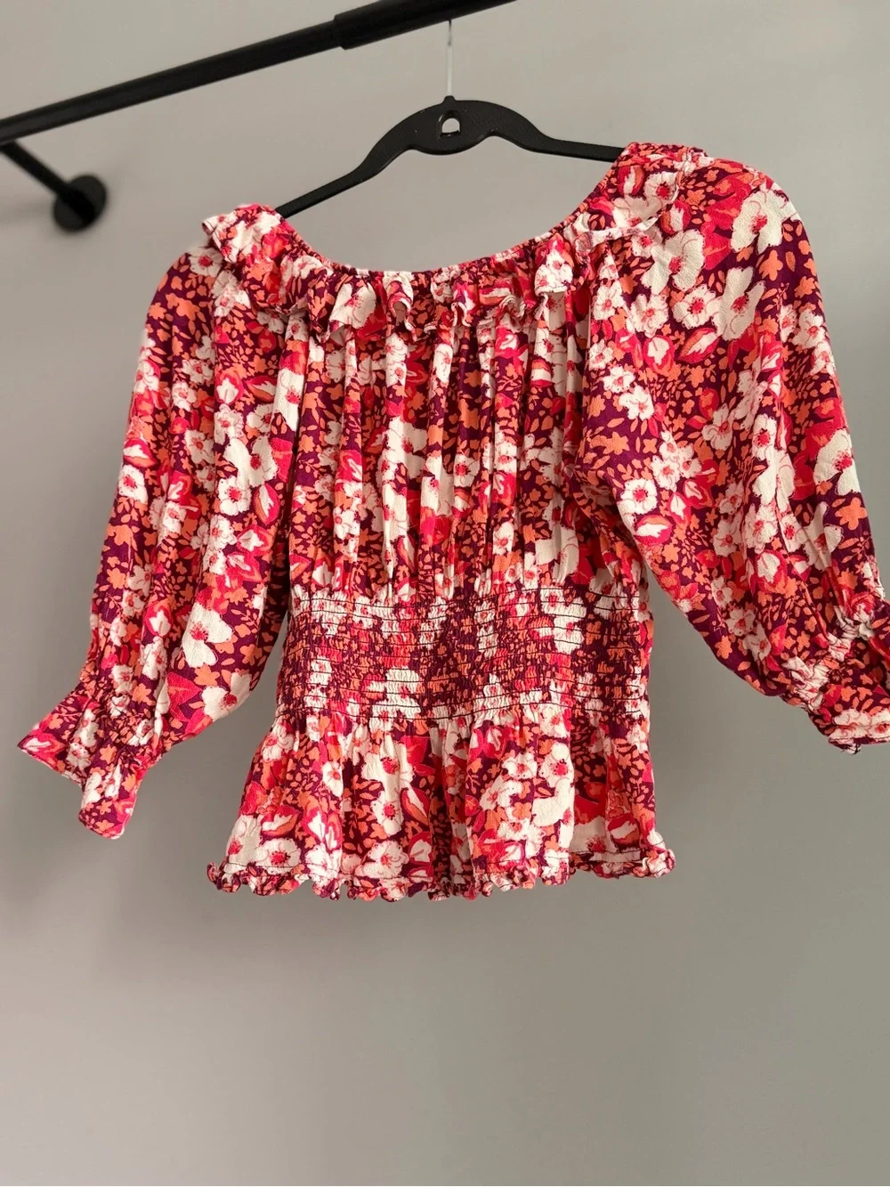 Free People Sweet Memories Pink Multi Floral Print Ruffled Puff Sleeve Top XS
